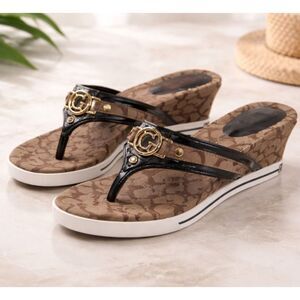 Guess Signature Sandals Brown Wedge Heels Canvas Leather Slip On Size 8M